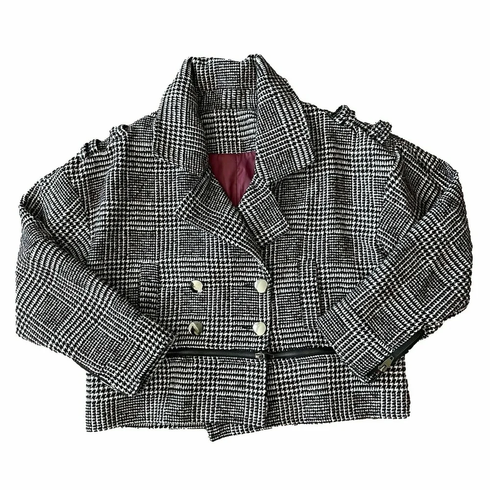Maroon Black White Womens Wool Jacket Coat Plaid Houndstooth Double-Breasted M